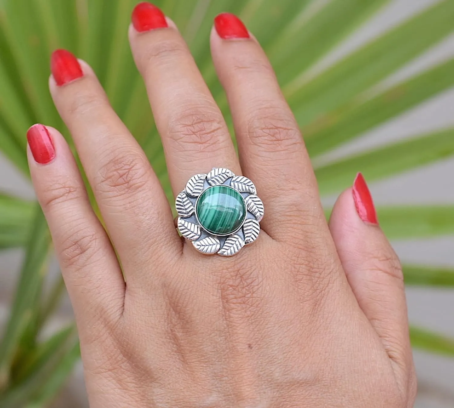 Avika Jewelry Malachite Ring- 925 Sterling Silver Plated Ring- Green Gemstone Ring- Oval Shape Gemstone Ring- Handmade Ring N0-A2B (8 US)