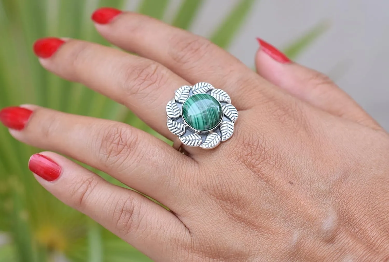 Avika Jewelry Malachite Ring- 925 Sterling Silver Plated Ring- Green Gemstone Ring- Oval Shape Gemstone Ring- Handmade Ring N0-A2B (8 US)