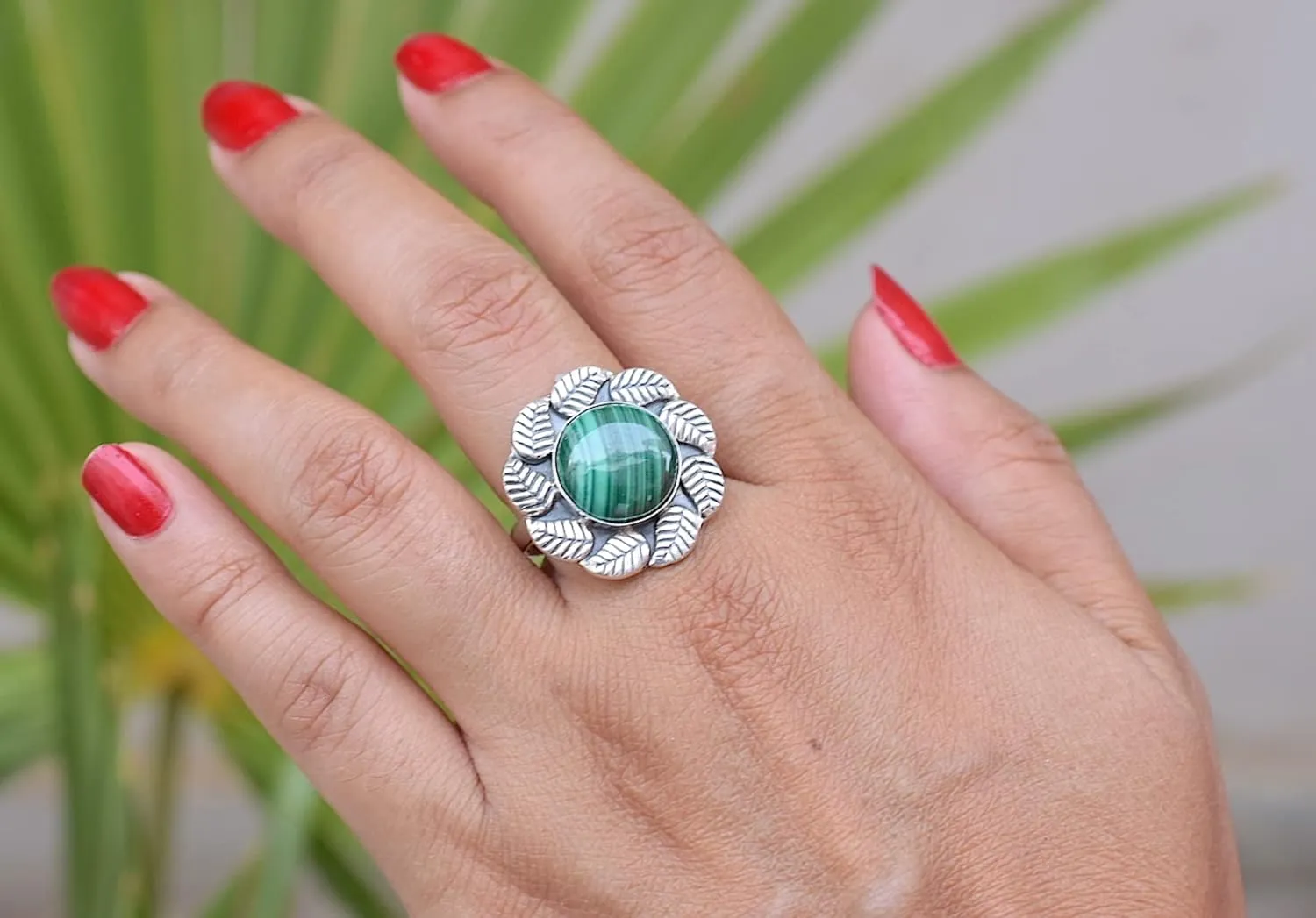 Avika Jewelry Malachite Ring- 925 Sterling Silver Plated Ring- Green Gemstone Ring- Oval Shape Gemstone Ring- Handmade Ring N0-A2B (8 US)