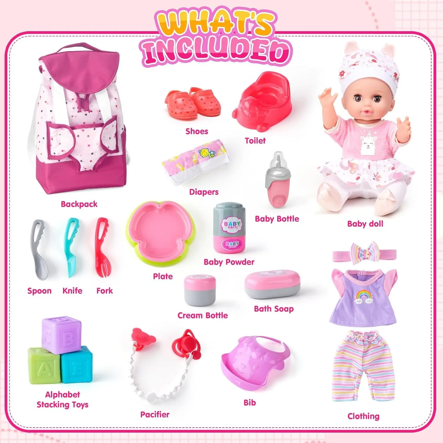 Baby Doll with Accessories Set, Baby Dolls Set for Toddler Girls 3-5 6-12, Baby Doll Playset, Baby Dolls for 5 Year Old Girls, Baby Doll Toys Pretend Play Toy(Backpack)