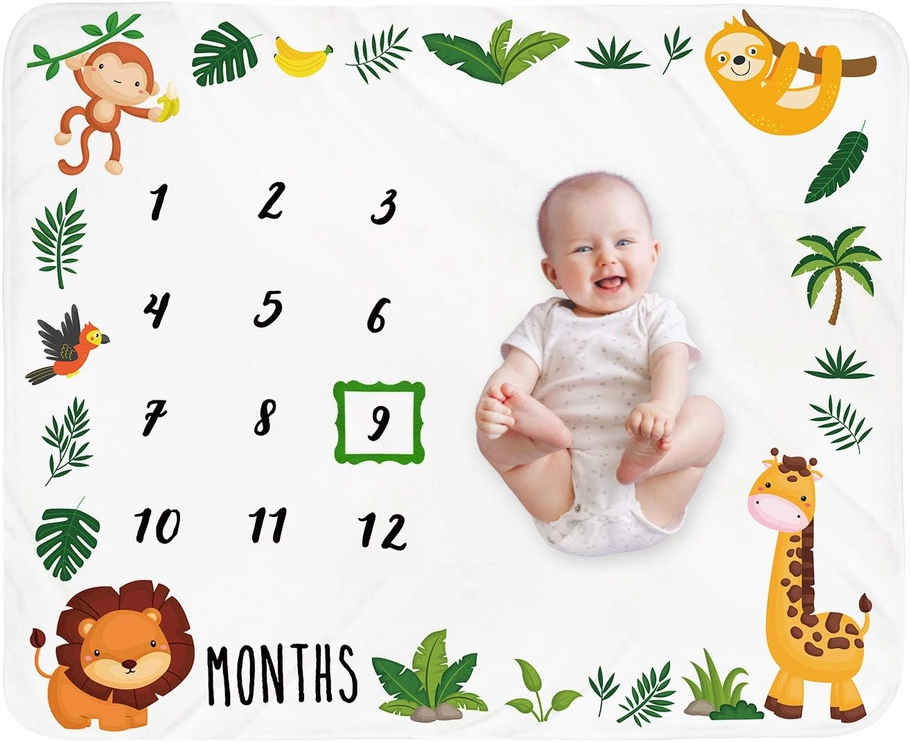Baby Monthly Milestone Blanket Boy - Jungle Animals Neutral Newborn Month Blanket for Boy & Girl Personalized Shower Gift Safari Nursery Decor Photography Background Prop with Frame Large 51''x40''