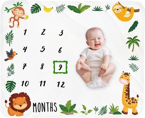 Baby Monthly Milestone Blanket Boy - Jungle Animals Neutral Newborn Month Blanket for Boy & Girl Personalized Shower Gift Safari Nursery Decor Photography Background Prop with Frame Large 51''x40''