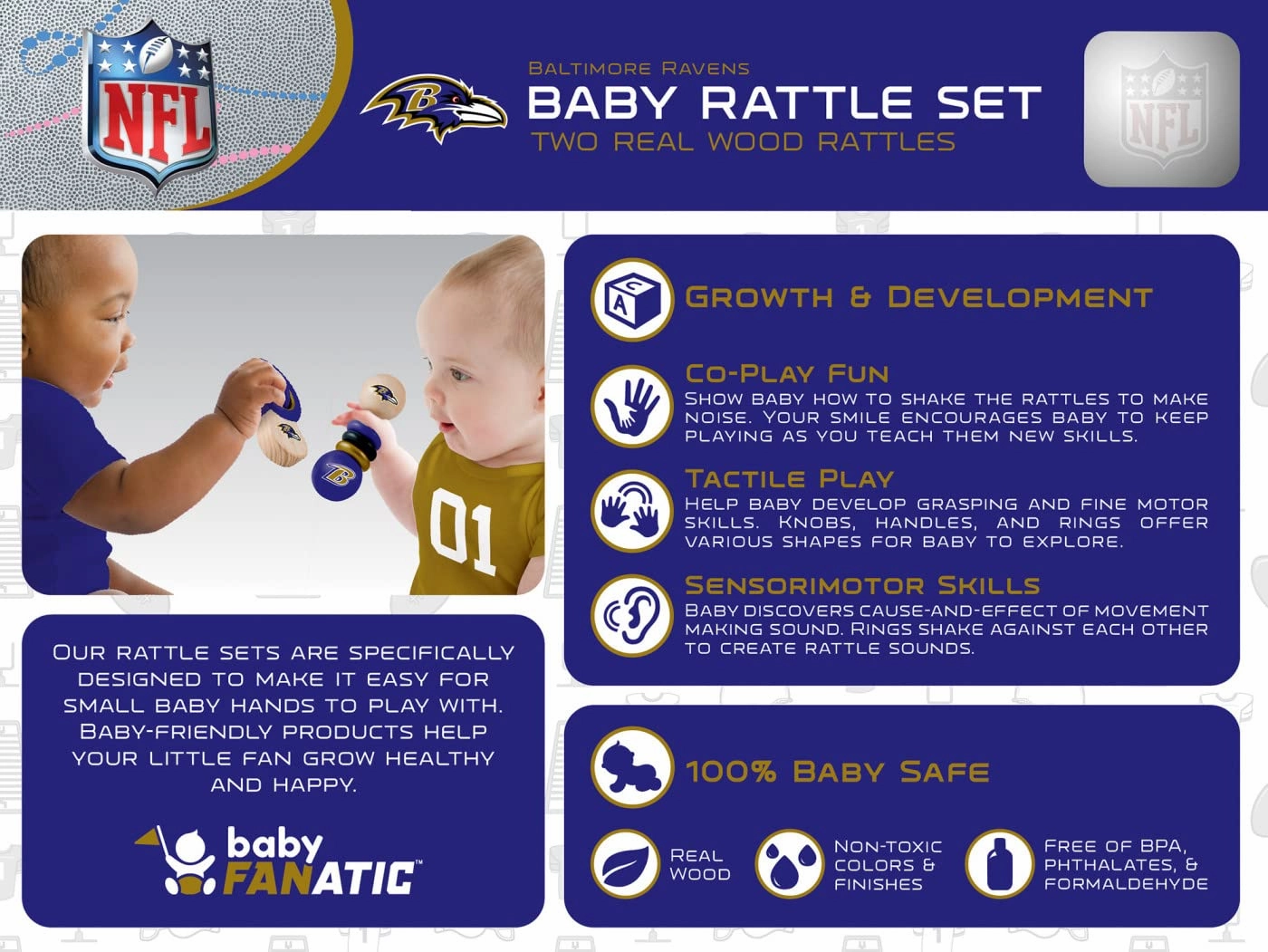 BabyFanatic Wood Rattle 2 Pack - NFL Dallas Cowboys - Officially Licensed Baby Toy Set
