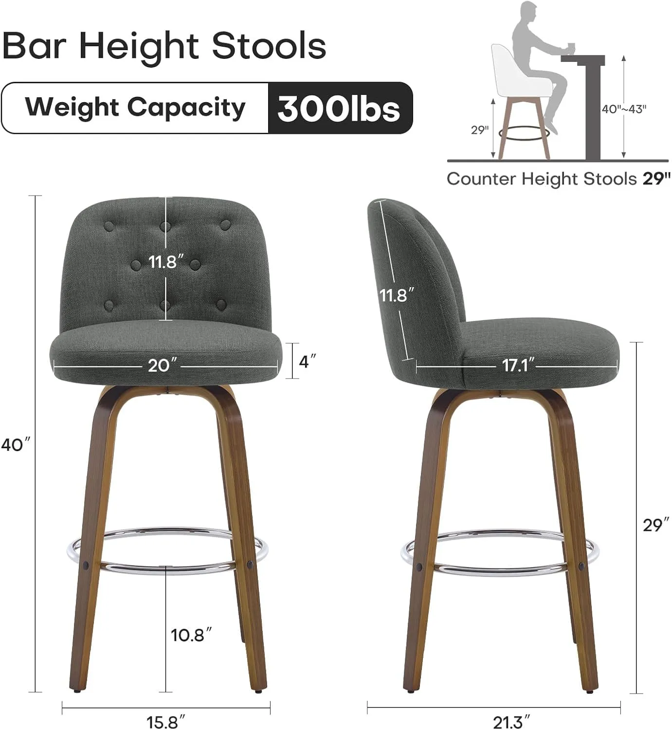 Bar Stools Set of 3, 29" Bar Height Swivel Bar Stools with Back and Walnut Bent Wood Legs, Linen Fabric Upholstered Bar Stools, Modern Bar Stool for Kitchen Island, Grey