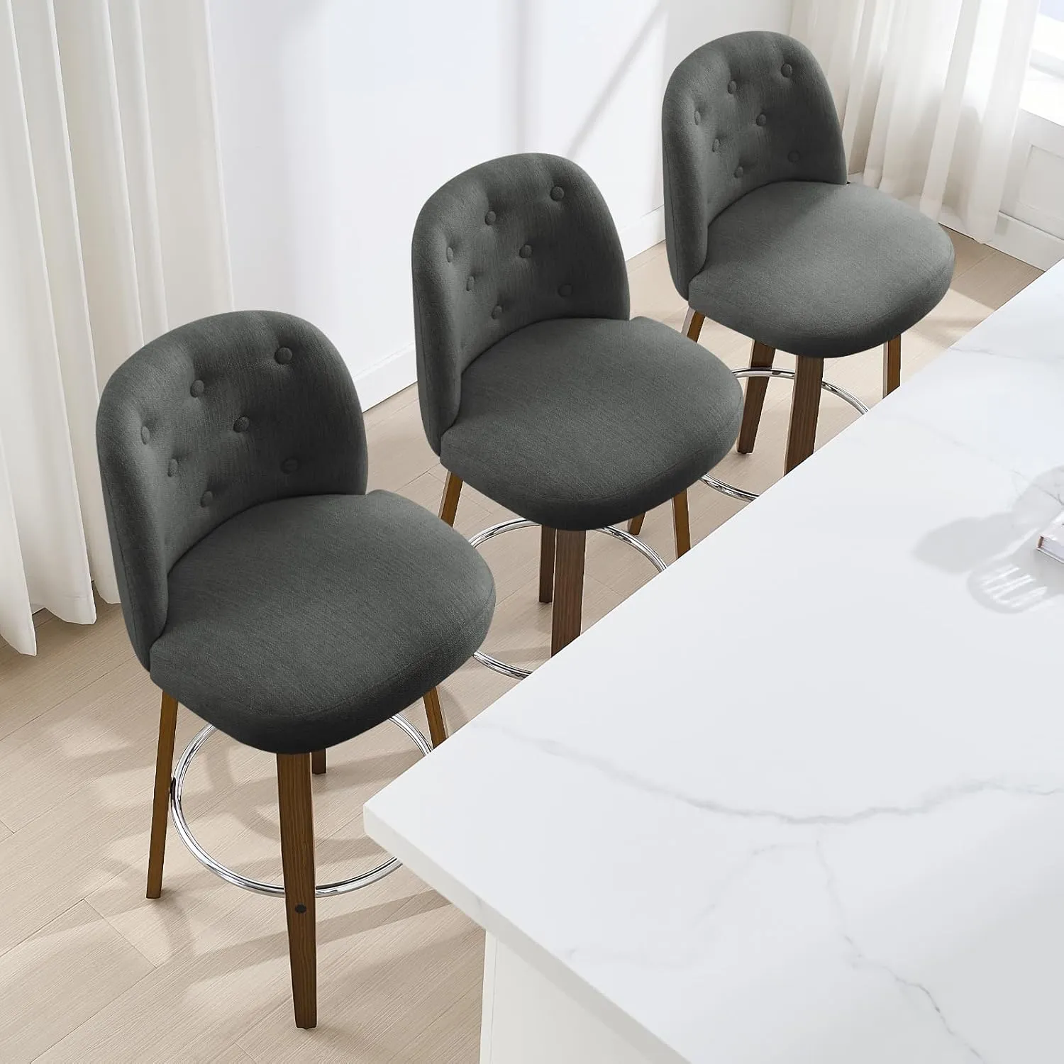 Bar Stools Set of 3, 29" Bar Height Swivel Bar Stools with Back and Walnut Bent Wood Legs, Linen Fabric Upholstered Bar Stools, Modern Bar Stool for Kitchen Island, Grey