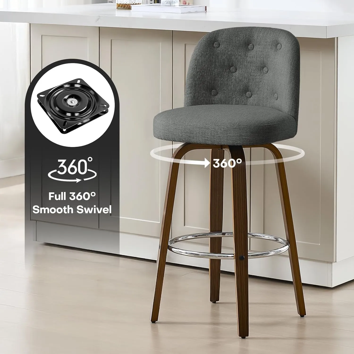 Bar Stools Set of 3, 29" Bar Height Swivel Bar Stools with Back and Walnut Bent Wood Legs, Linen Fabric Upholstered Bar Stools, Modern Bar Stool for Kitchen Island, Grey