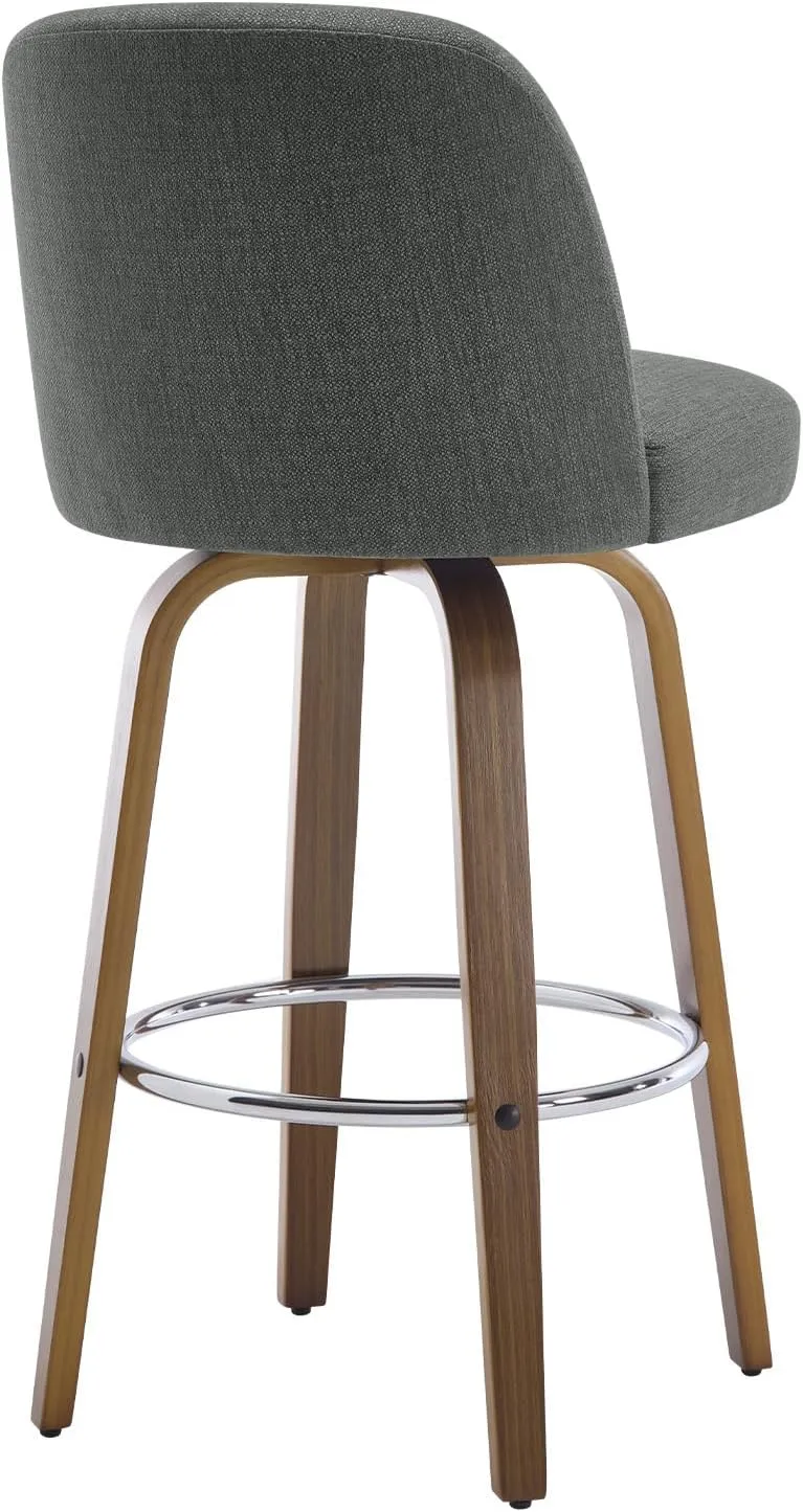 Bar Stools Set of 3, 29" Bar Height Swivel Bar Stools with Back and Walnut Bent Wood Legs, Linen Fabric Upholstered Bar Stools, Modern Bar Stool for Kitchen Island, Grey