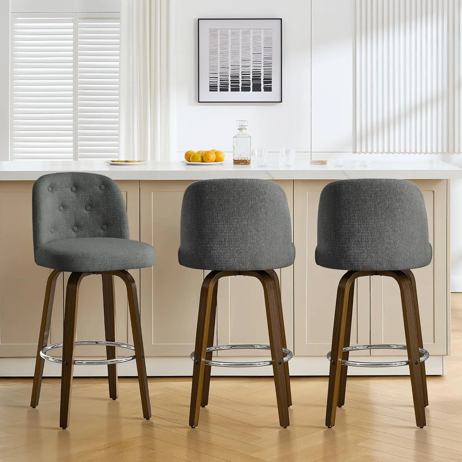 Bar Stools Set of 3, 29" Bar Height Swivel Bar Stools with Back and Walnut Bent Wood Legs, Linen Fabric Upholstered Bar Stools, Modern Bar Stool for Kitchen Island, Grey