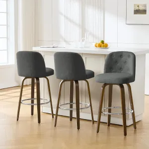 Bar Stools Set of 3, 29" Bar Height Swivel Bar Stools with Back and Walnut Bent Wood Legs, Linen Fabric Upholstered Bar Stools, Modern Bar Stool for Kitchen Island, Grey