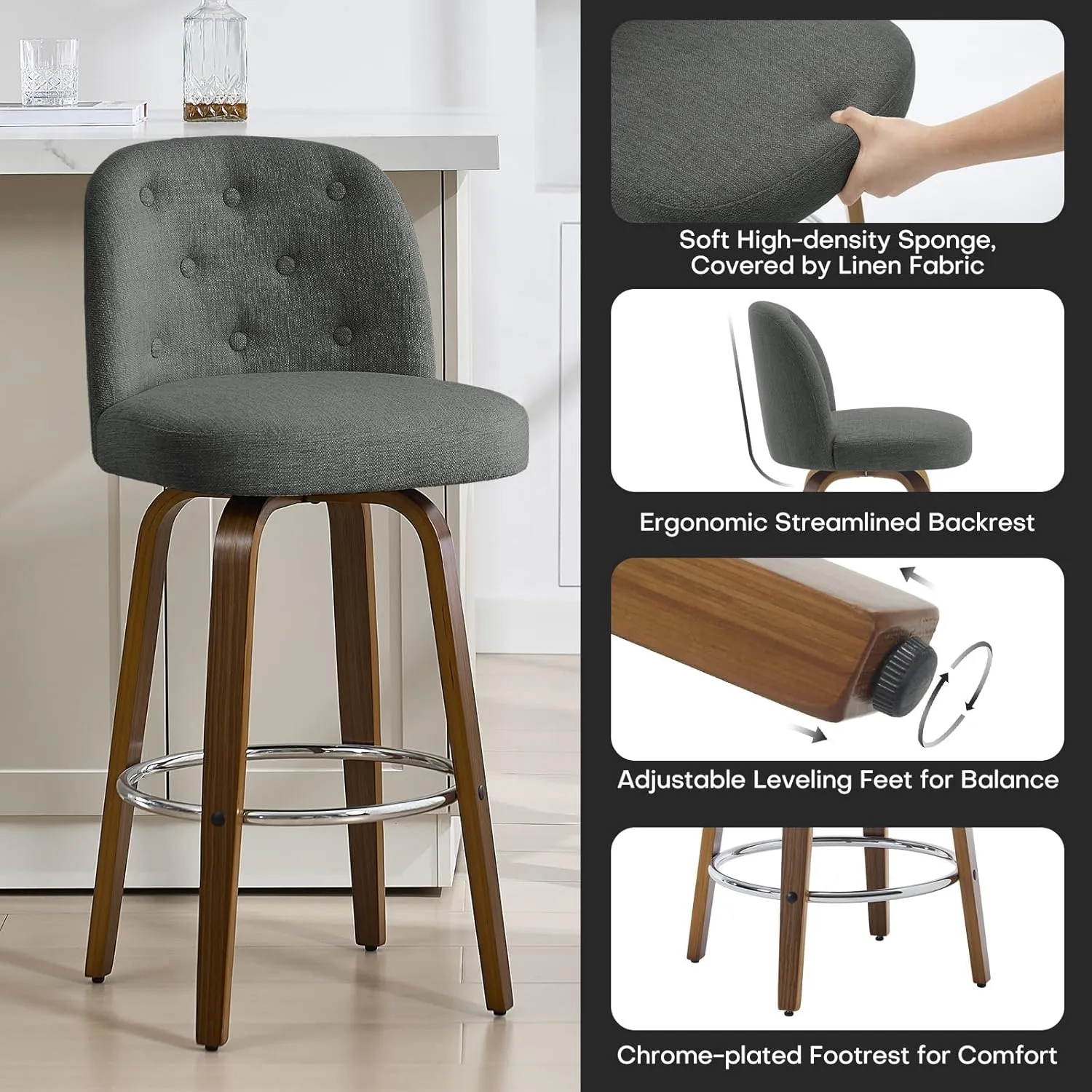 Bar Stools Set of 3, 29" Bar Height Swivel Bar Stools with Back and Walnut Bent Wood Legs, Linen Fabric Upholstered Bar Stools, Modern Bar Stool for Kitchen Island, Grey