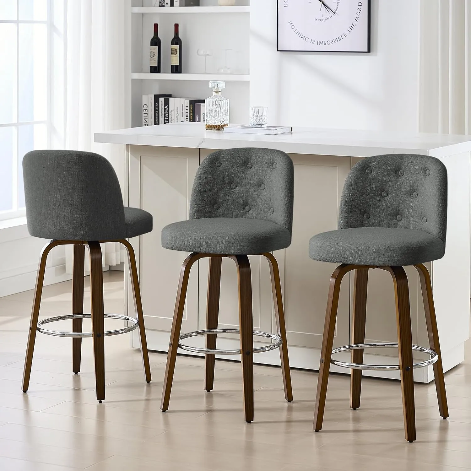 Bar Stools Set of 3, 29" Bar Height Swivel Bar Stools with Back and Walnut Bent Wood Legs, Linen Fabric Upholstered Bar Stools, Modern Bar Stool for Kitchen Island, Grey