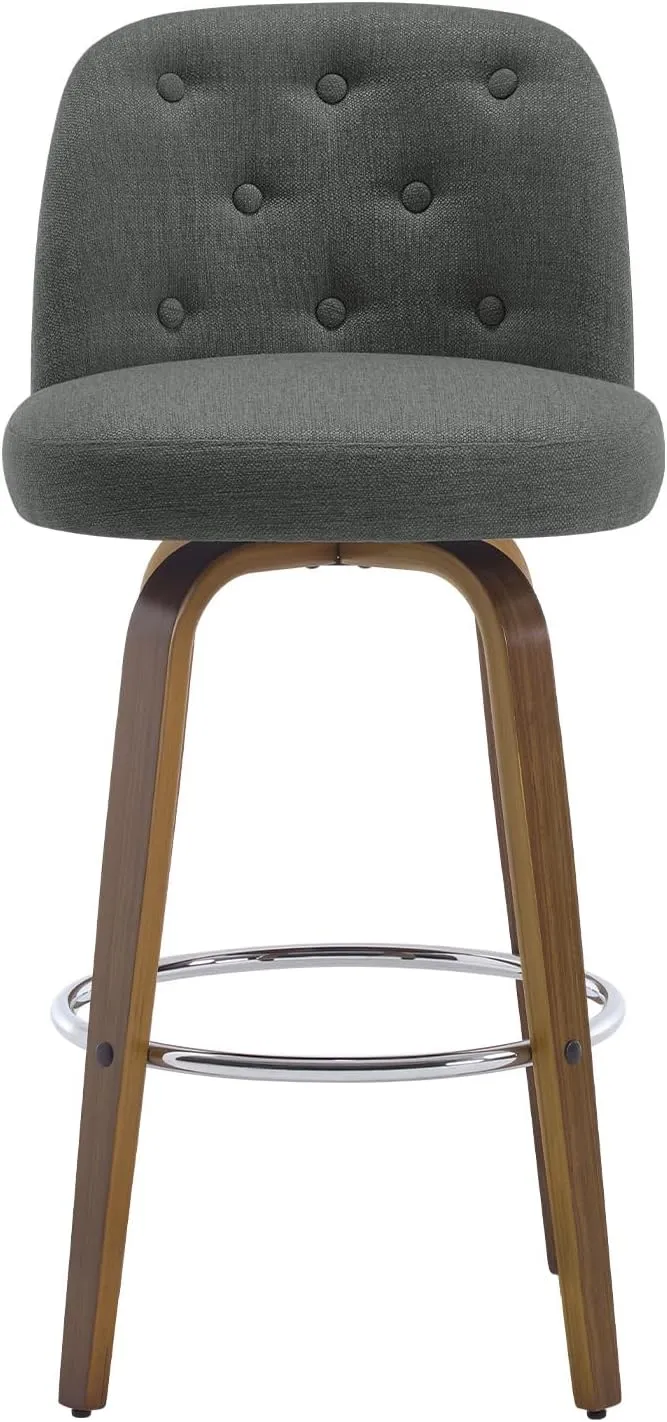 Bar Stools Set of 3, 29" Bar Height Swivel Bar Stools with Back and Walnut Bent Wood Legs, Linen Fabric Upholstered Bar Stools, Modern Bar Stool for Kitchen Island, Grey