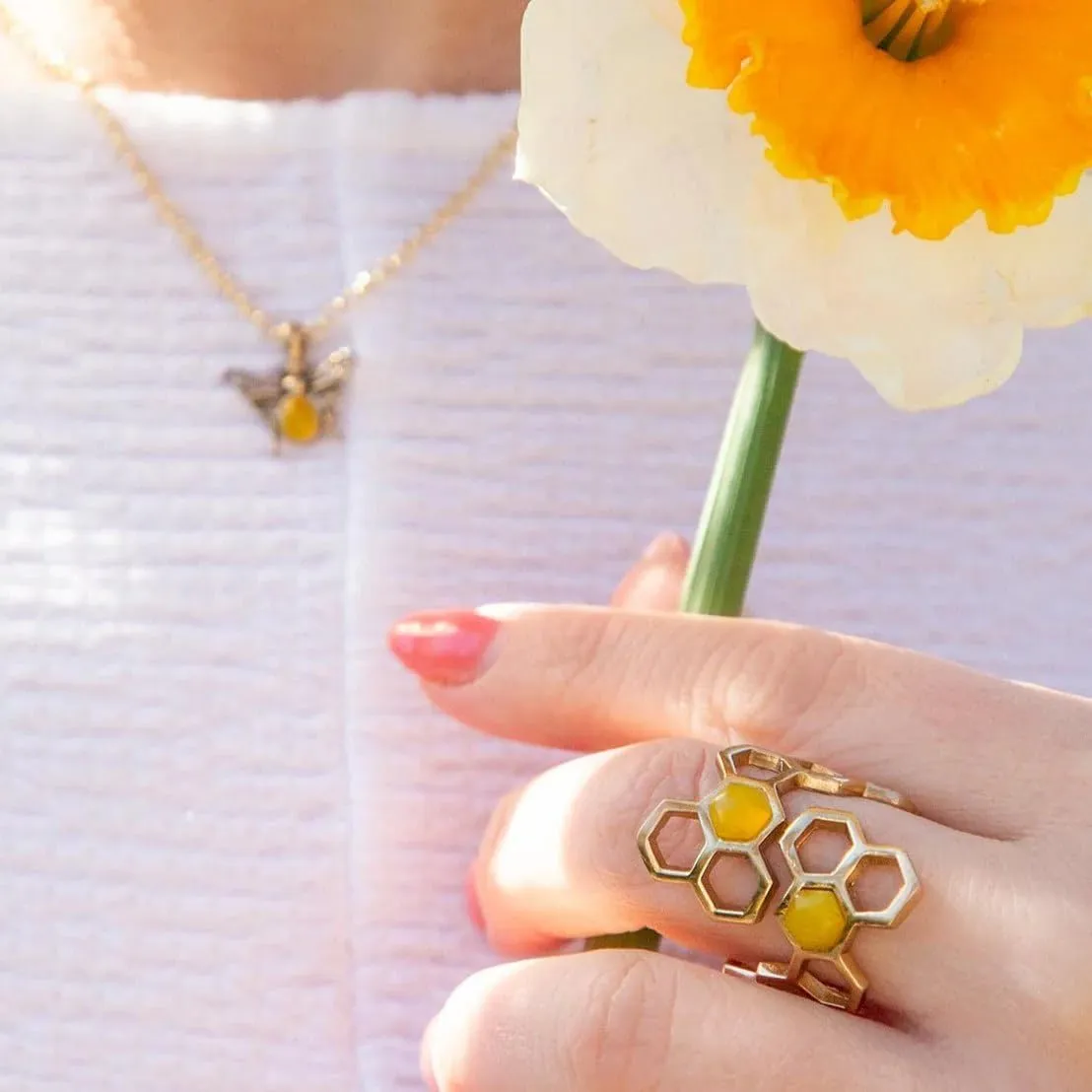 Barse Jewelry Honeycomb Yellow Agate Golden Ring
