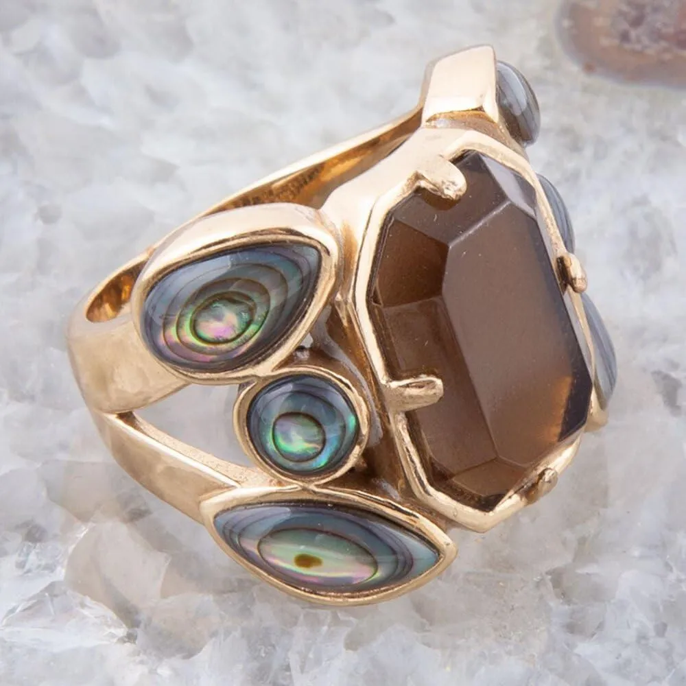 Barse Jewelry Tribecca Smoky Brown Quartz and Abalone Statement Golden Ring