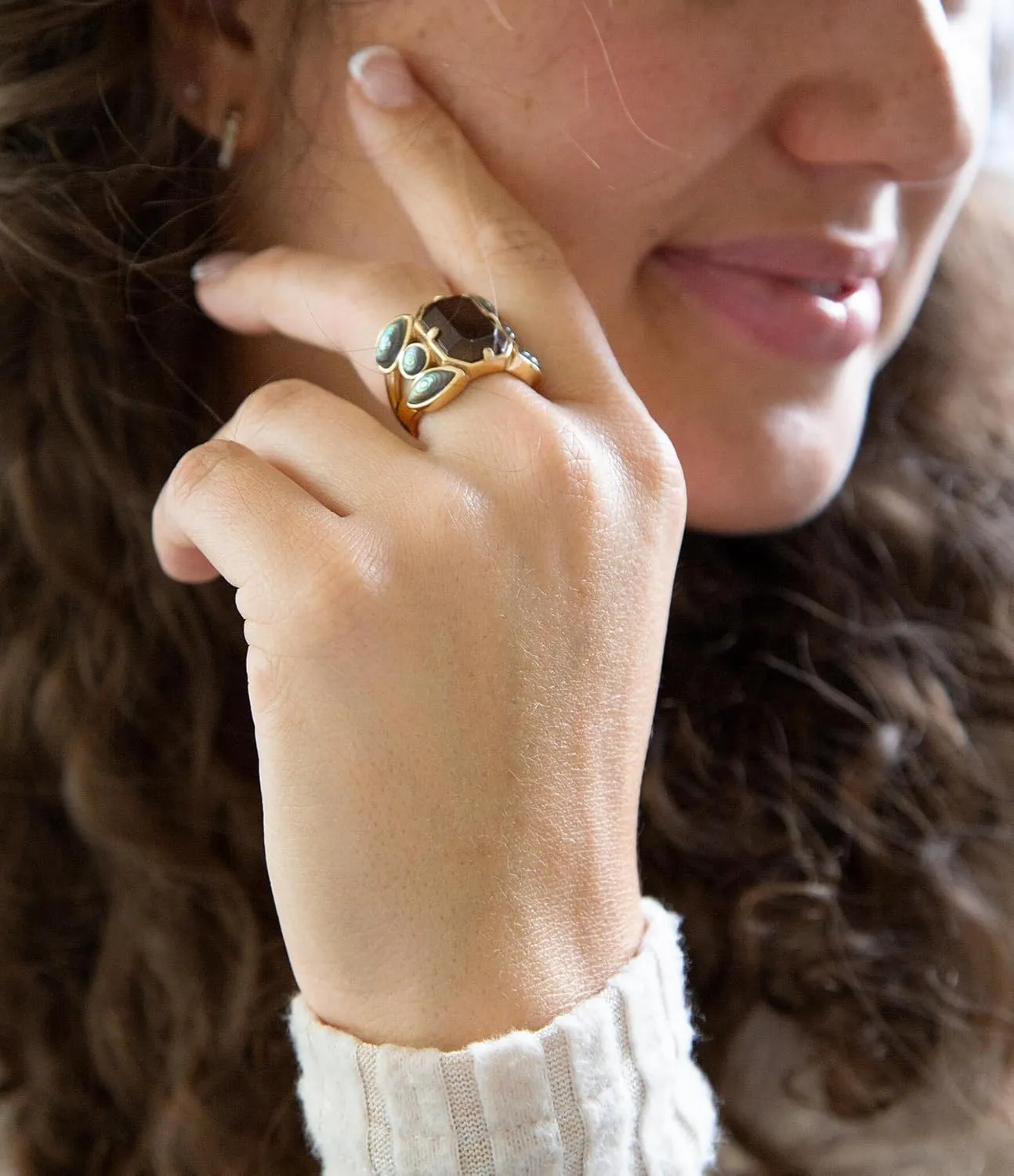 Barse Jewelry Tribecca Smoky Brown Quartz and Abalone Statement Golden Ring