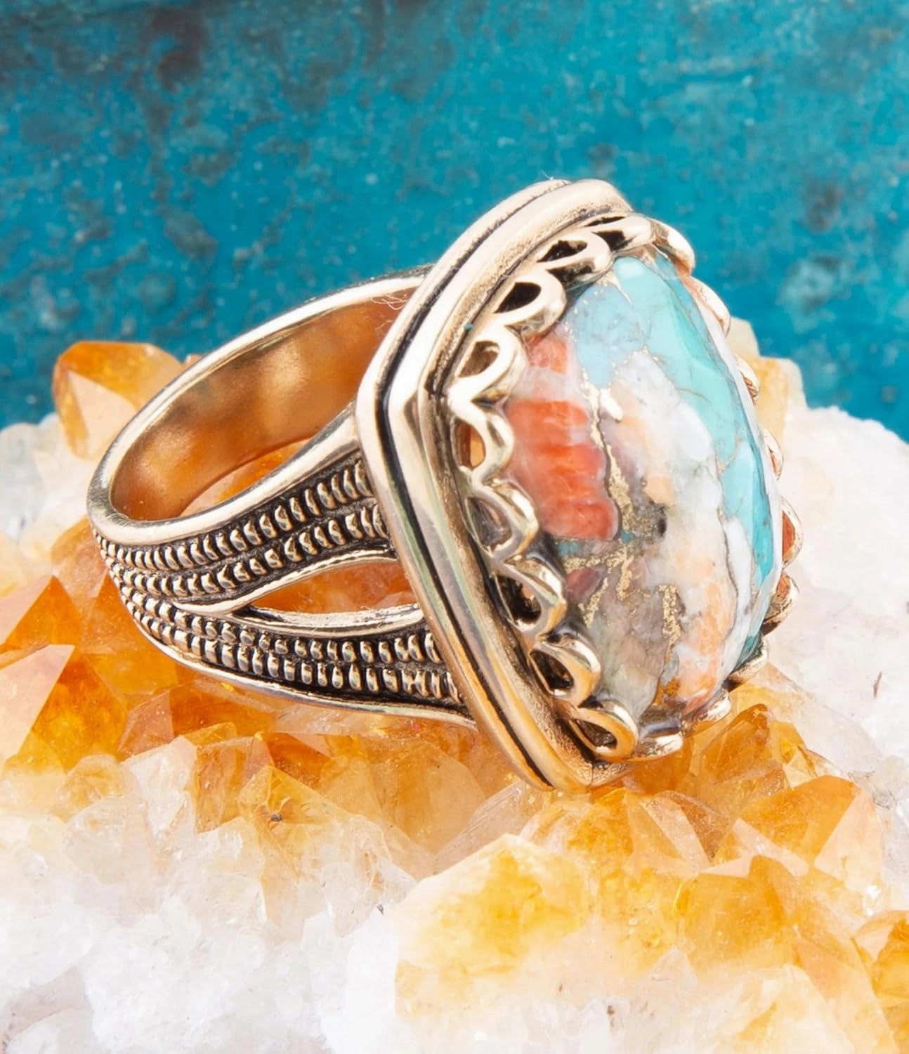 Barse Jewelry Blue Turquoise and Orange Sponge Coral Matrix Golden Cocktail Ring