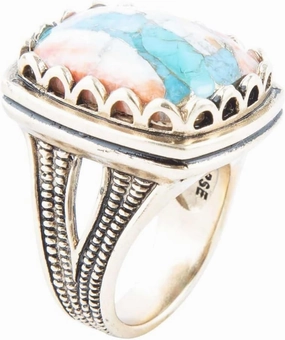 Barse Jewelry Blue Turquoise and Orange Sponge Coral Matrix Golden Cocktail Ring