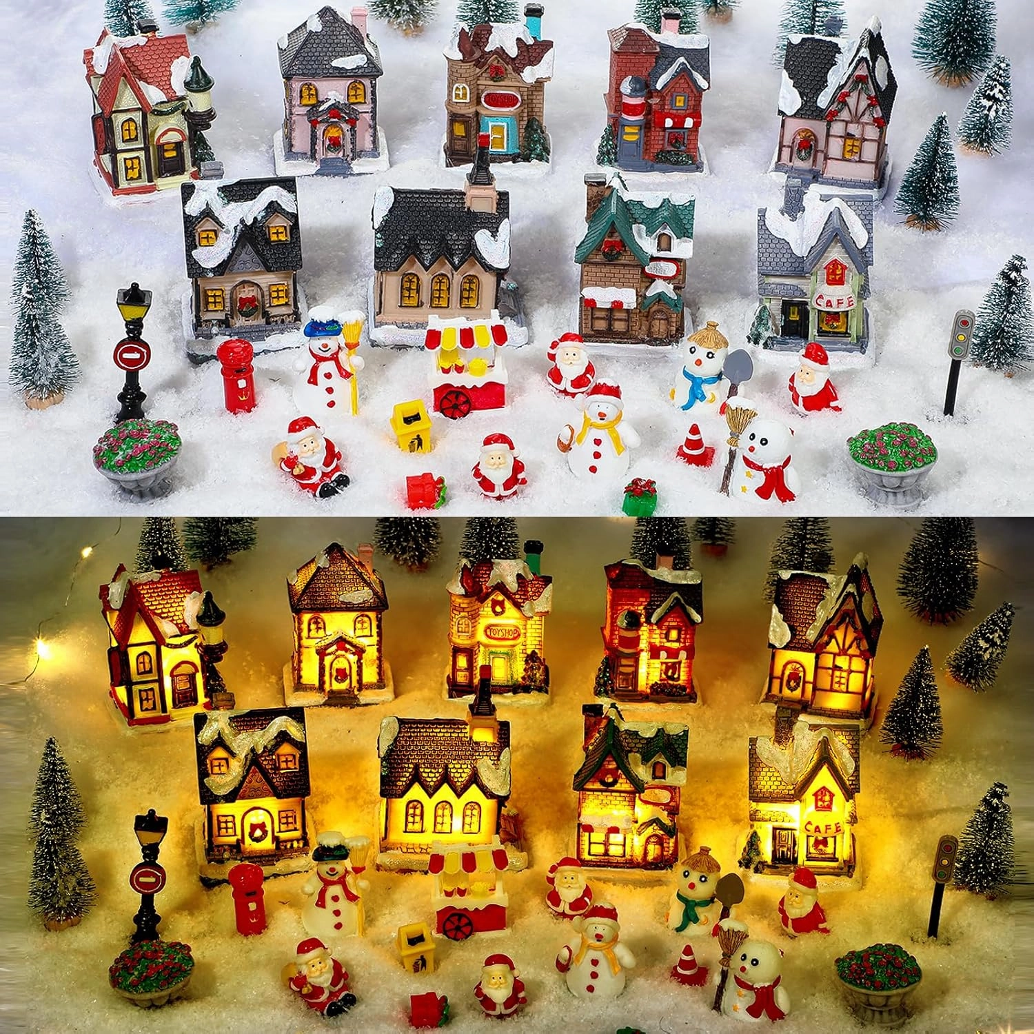 Barydat 66 Pcs Christmas Village Set, LED Holiday Houses Lighted Figurine Town Buildings Accessories Xmas Winter Desktop Decor Ornaments Collection