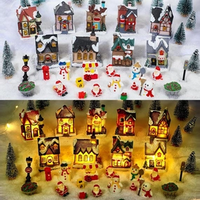 Barydat 66 Pcs Christmas Village Set, LED Holiday Houses Lighted Figurine Town Buildings Accessories Xmas Winter Desktop Decor Ornaments Collection
