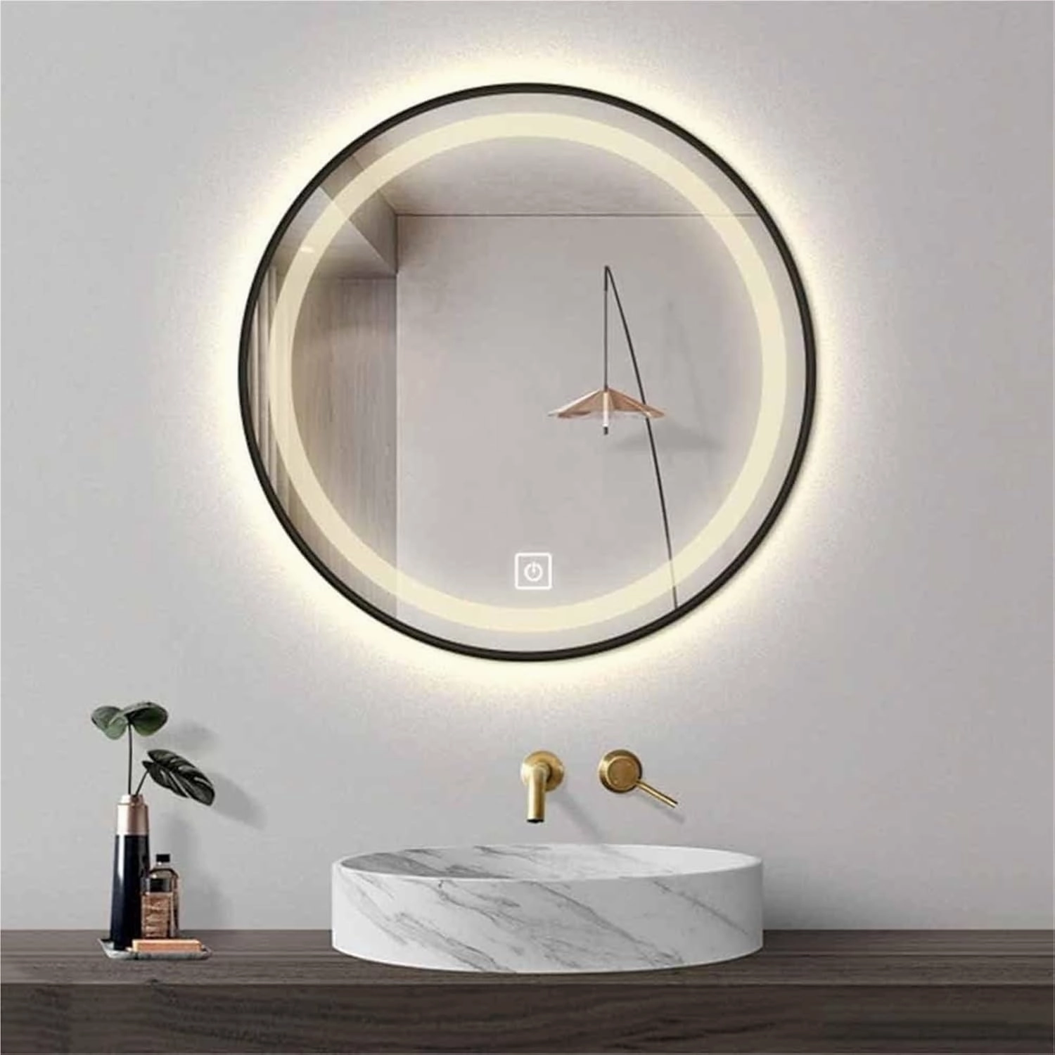 Bathroom Mirror, 3-Color Dimmable Round HD Makeup Mirror with Adjustable Brightness(Noir,90CM/36INCH-B)