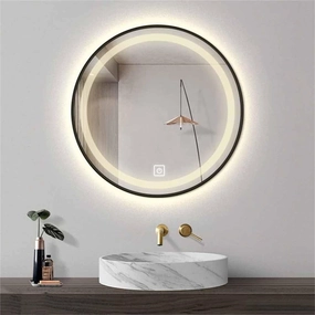 Bathroom Mirror, 3-Color Dimmable Round HD Makeup Mirror with Adjustable Brightness with Frame(Noir,80CM/32INCH-B)