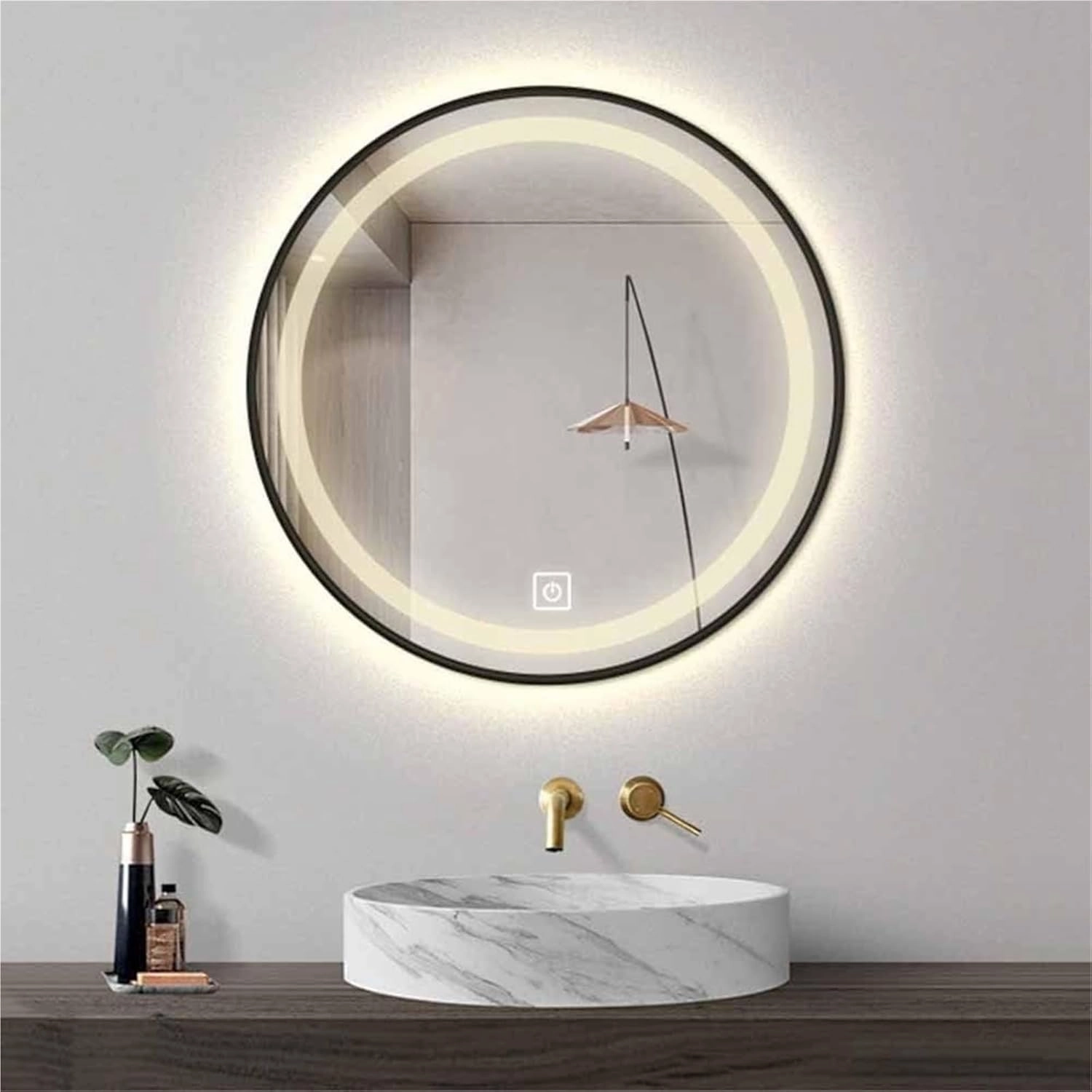 Bathroom Mirror, 3-Color Dimmable Round HD Makeup Mirror with Adjustable Brightness with Frame(Noir,80CM/32INCH-B)