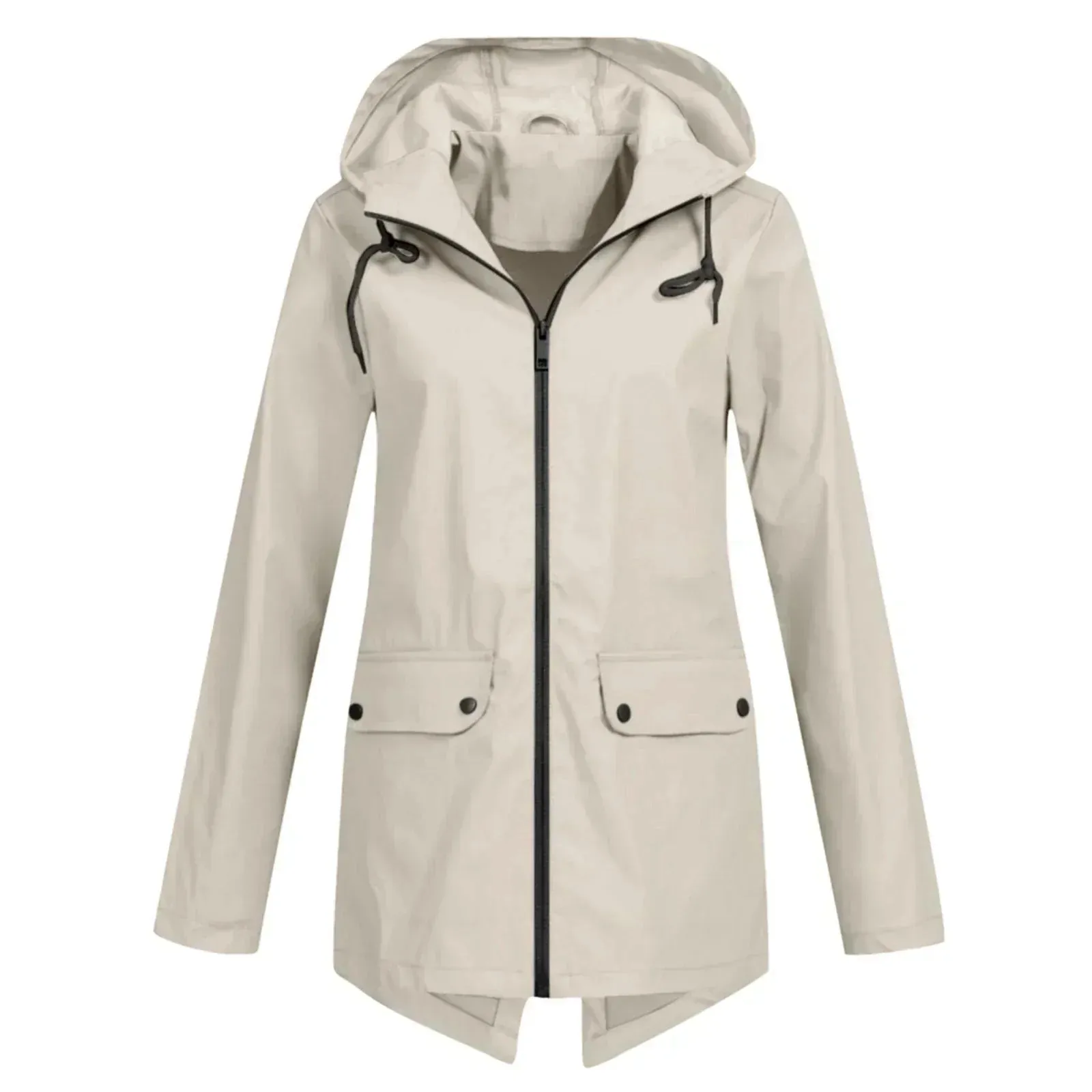 Beige Women's Lightweight Water-Resistant Hooded Long Jacket