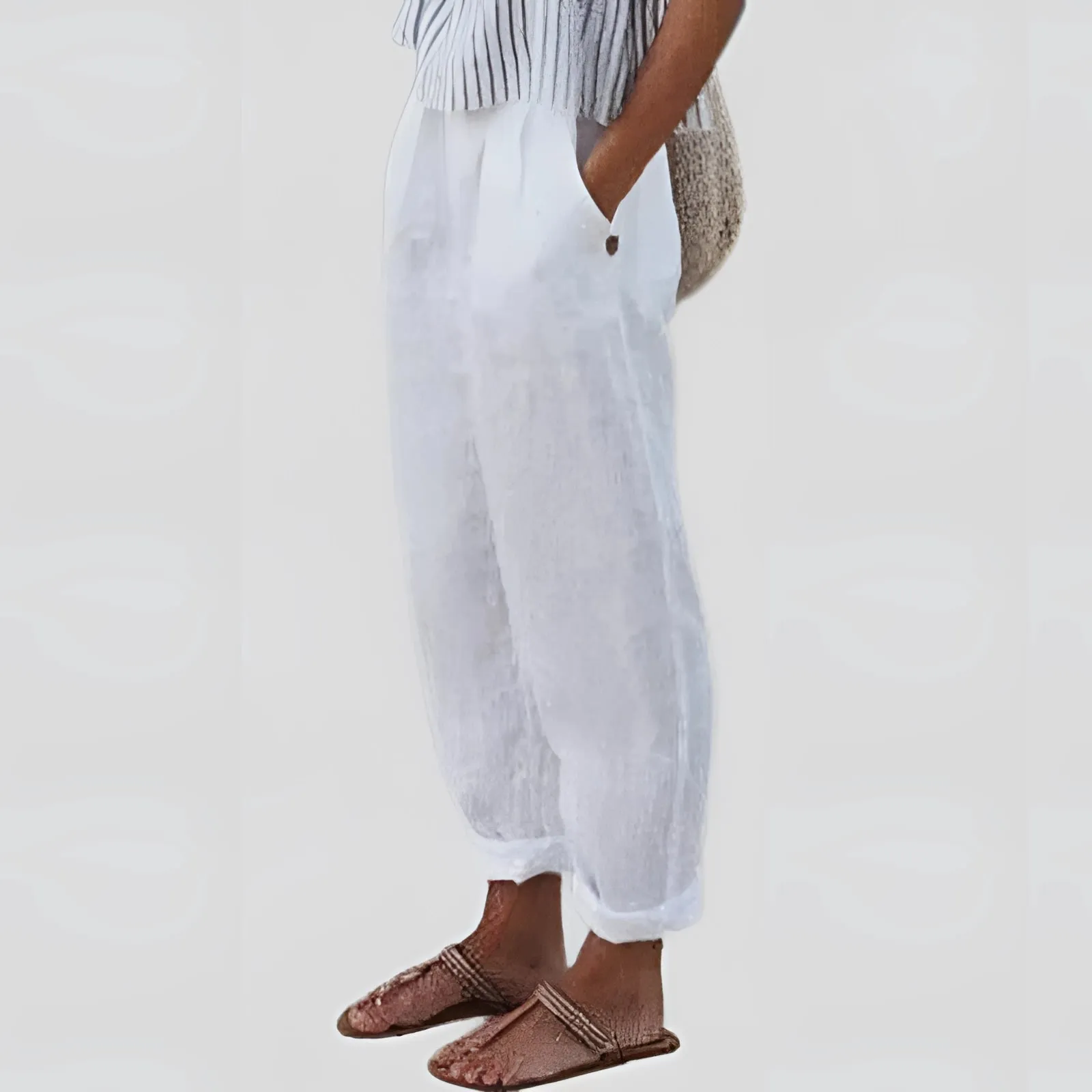 Beige Women's Linen Pants | Elastic Waist | Lightweight & Sustainable