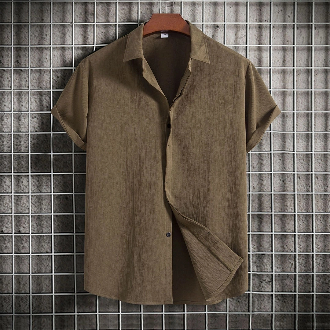 Beige Textured Cuban Collar Men's Summer Shirt - Lightweight & Breathable