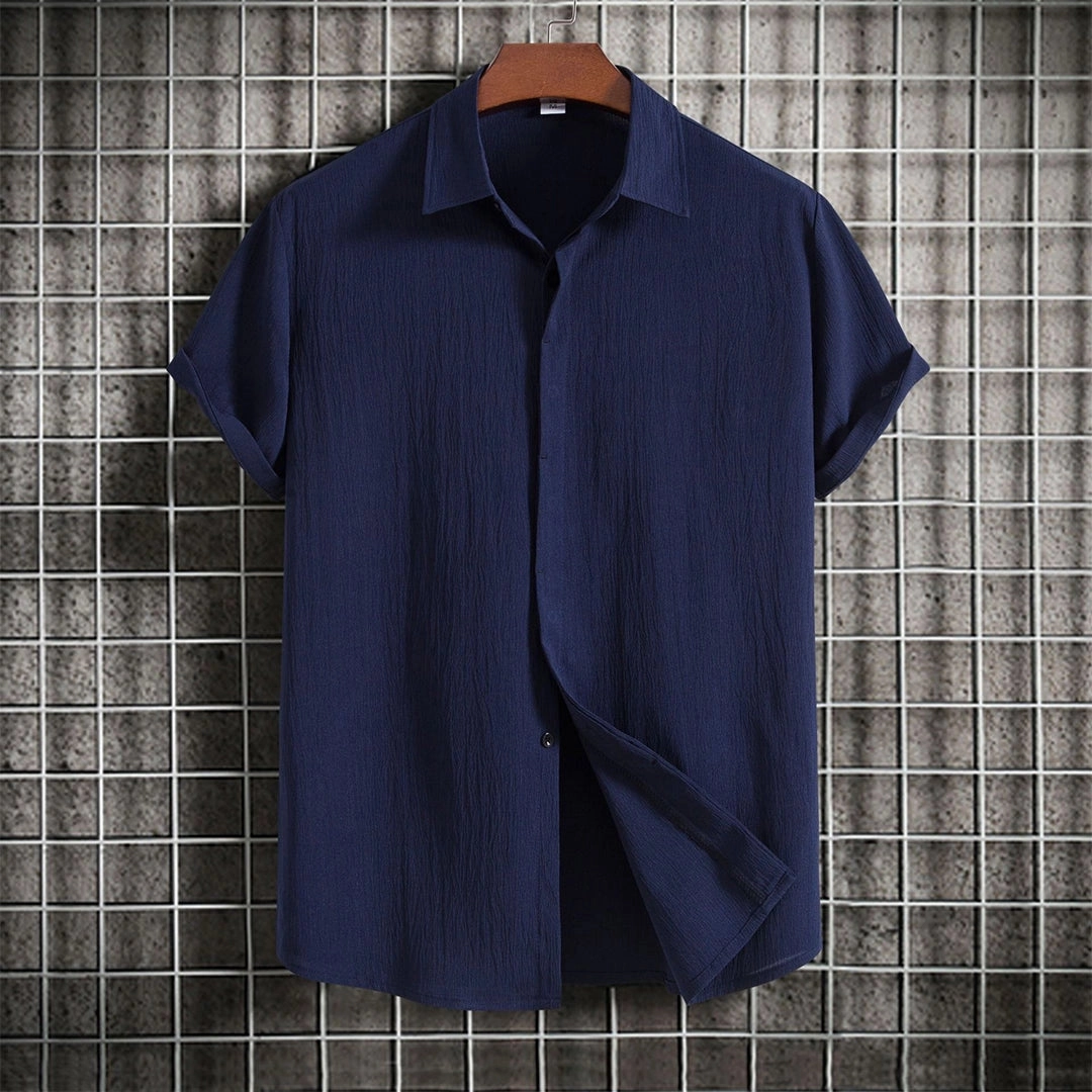 Beige Textured Cuban Collar Men's Summer Shirt - Lightweight & Breathable