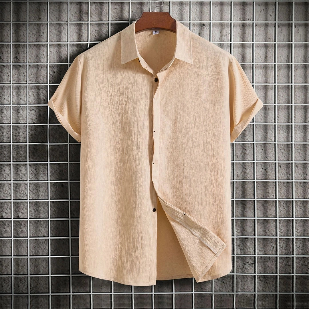 Beige Textured Cuban Collar Men's Summer Shirt - Lightweight & Breathable