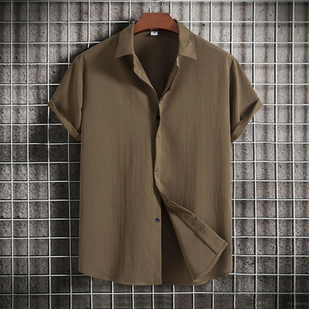Beige Textured Cuban Collar Men's Summer Shirt - Lightweight & Breathable