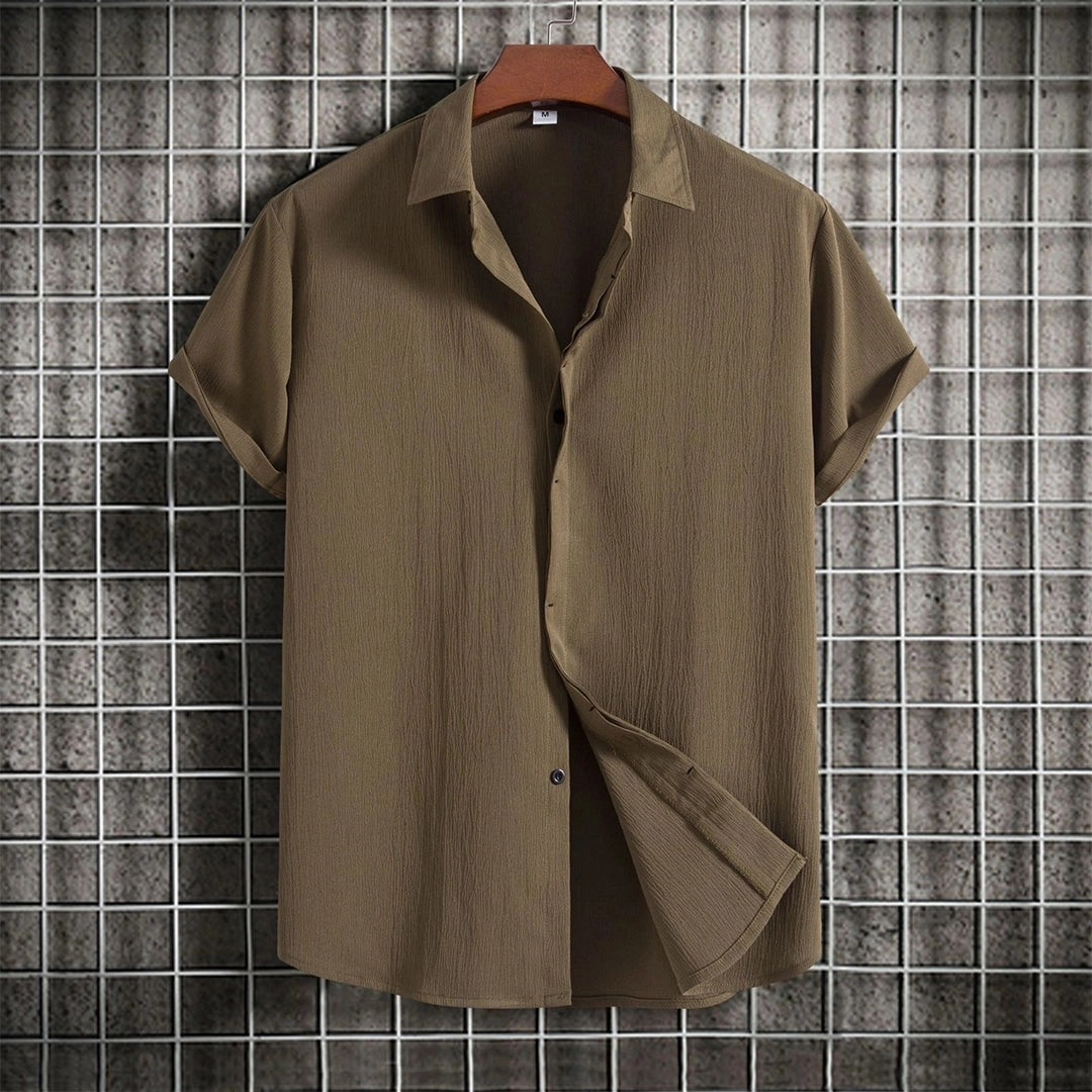 Beige Textured Cuban Collar Men's Summer Shirt - Lightweight & Breathable