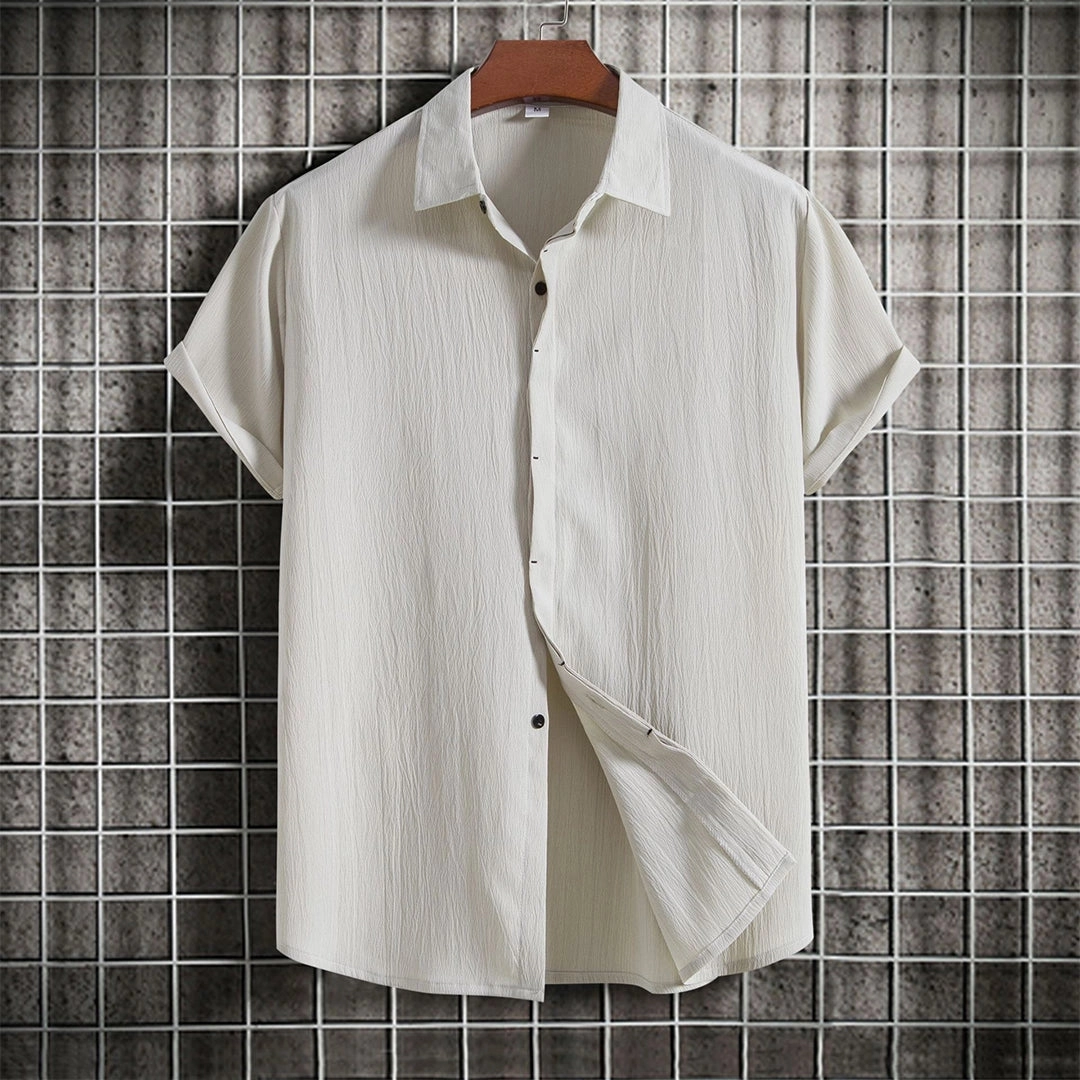 Beige Textured Cuban Collar Men's Summer Shirt - Lightweight & Breathable
