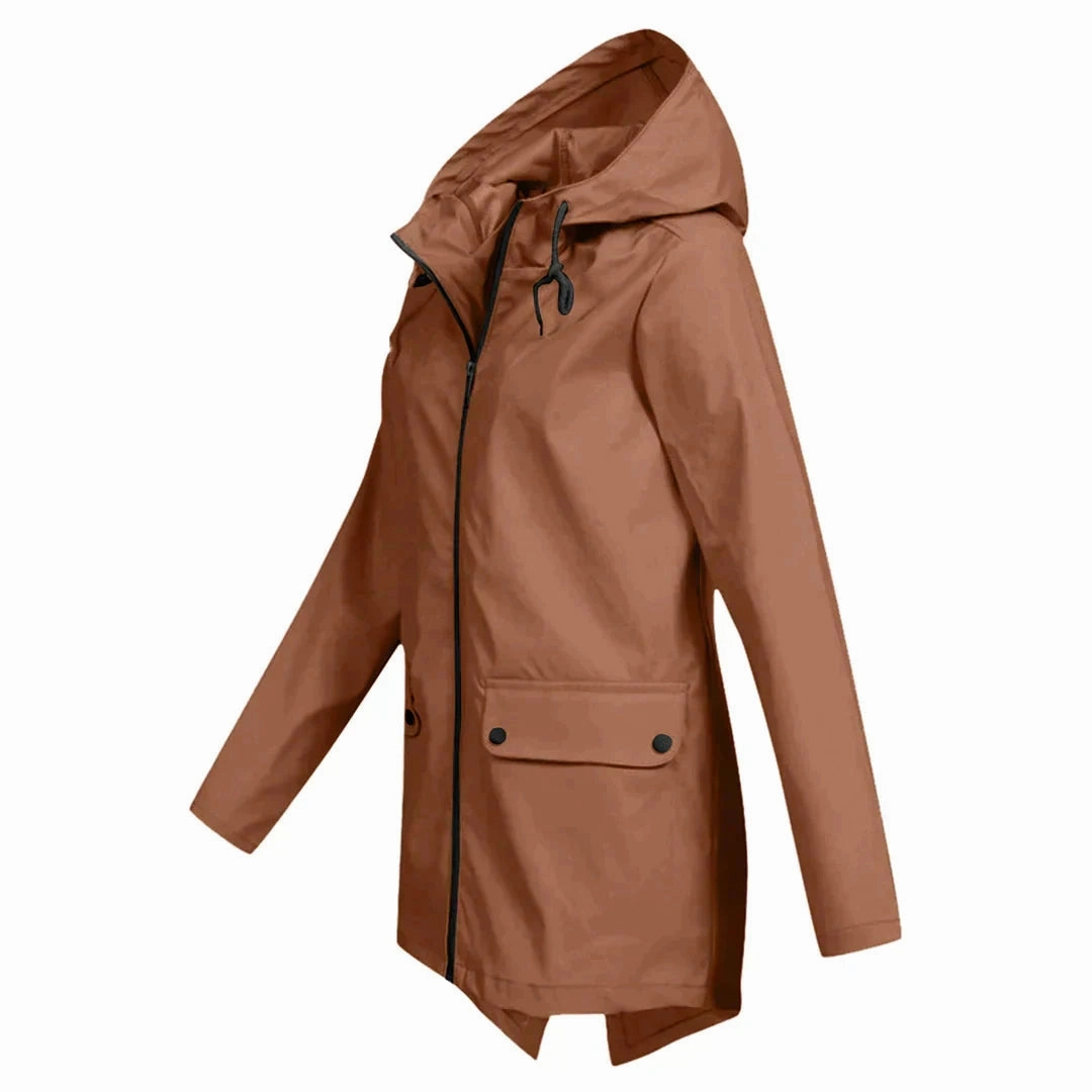 Beige Women's Waterproof Hooded Raincoat - Lightweight & Stylish