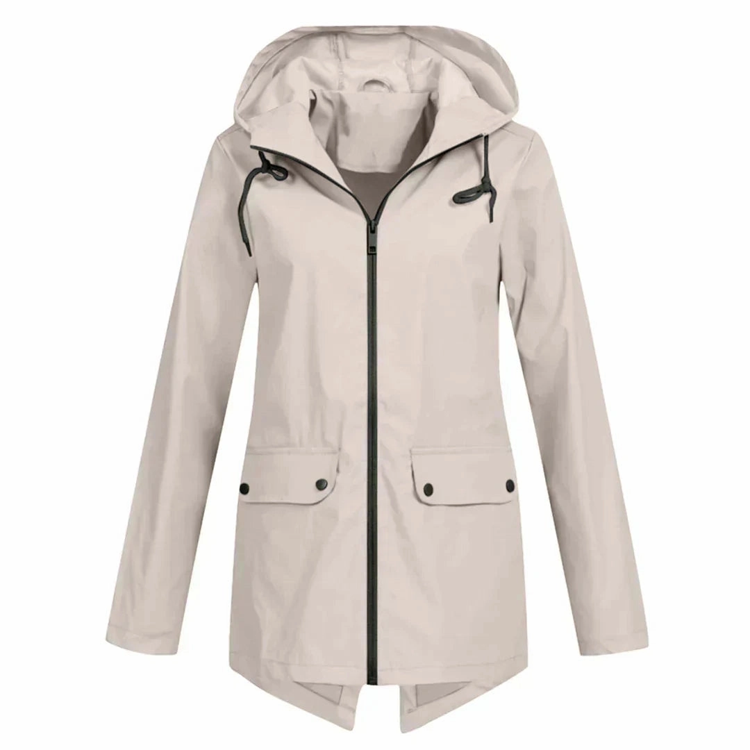 Beige Women's Waterproof Hooded Raincoat - Lightweight & Stylish