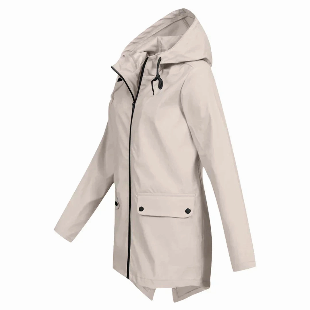 Beige Women's Waterproof Hooded Raincoat - Lightweight & Stylish