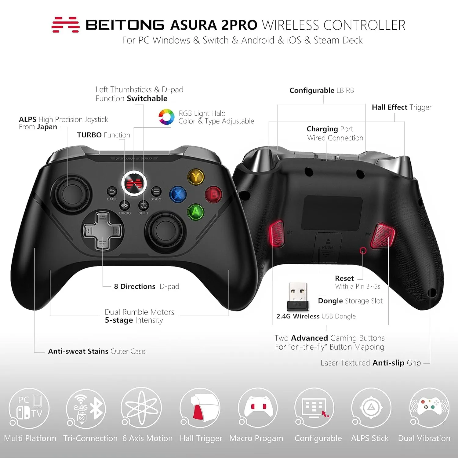 BEITONG Asura 2 Pro PC Controller Wireless Gaming Gamepad 6 Axis Gyro Motion Sensing,Compatible with Windows Switch Lite/OLED Steam Deck Tesla,Hall Effect Triggers/M Button (Black with Motion Control)