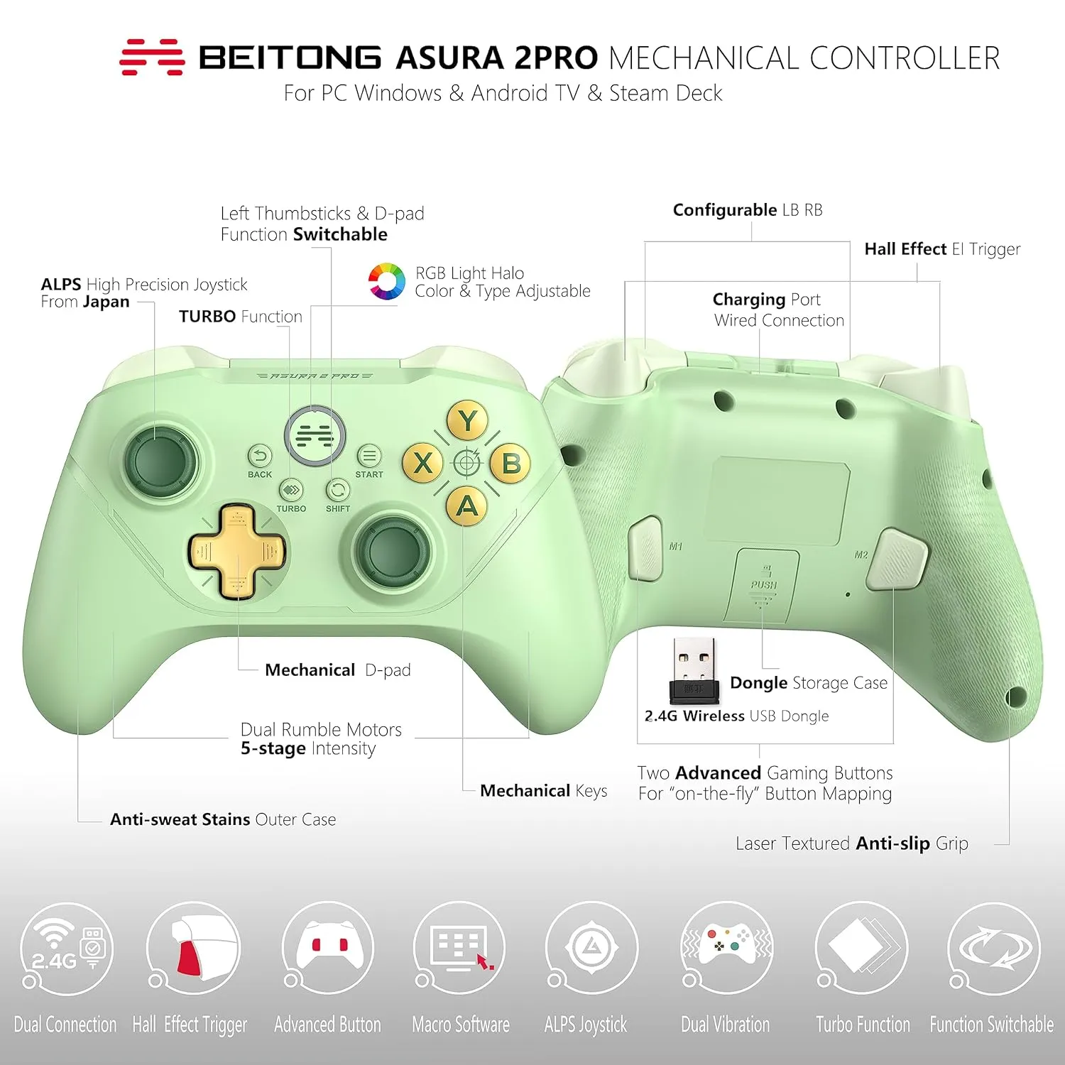 BEITONG Asura 2 Pro PC Game Controller Wireless Gamepad Joystick Hall Effect Trigger For Windows 7 8 10 11,Android TV,Steam,Tesla,Simulator,Mechanical Keys & D-pad/Advanced Buttons (Avocado)