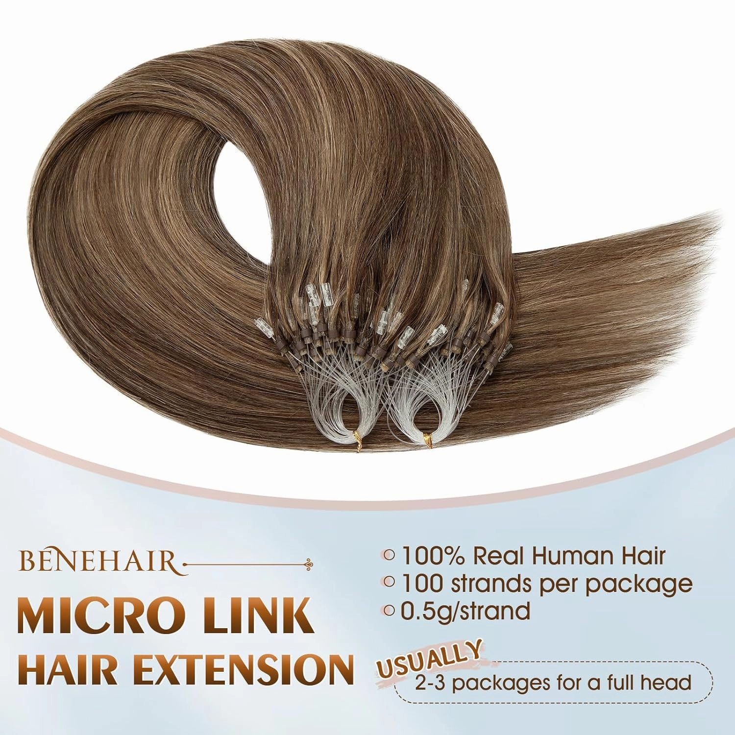 Benehair Micro Link Hair Extensions Human Hair Extension Balayage Remy Hair Weft Hairpiece 16inch Highlighted Brown Blonde #4&27