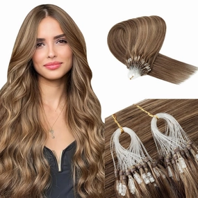 Benehair Micro Link Hair Extensions Human Hair Extension Balayage Remy Hair Weft Hairpiece 16inch Highlighted Brown Blonde #4&27