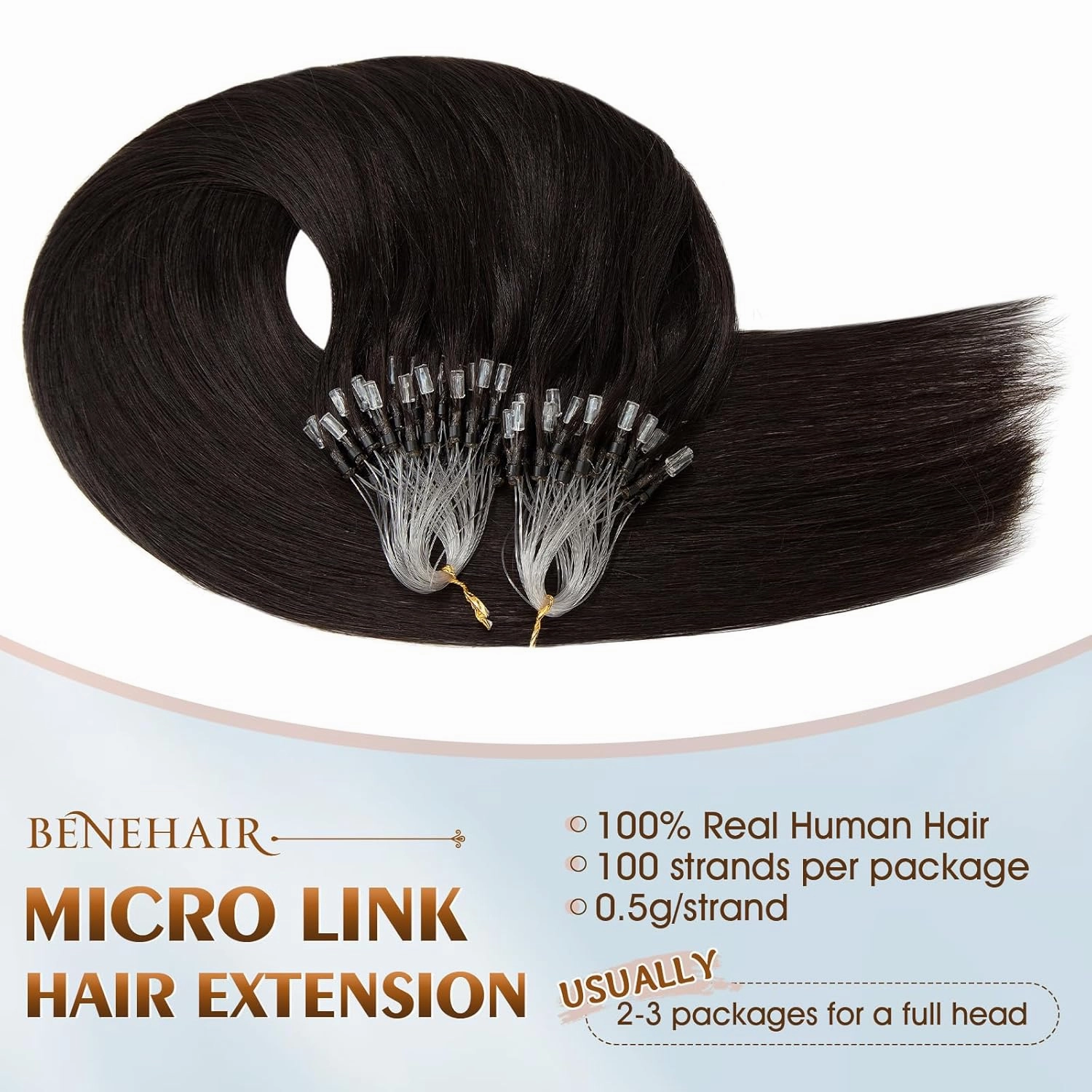 Benehair Micro Loop Ring Human Hair Extensions Remy Hairpiece Hair Extensions Natural Black #1B Silky Straight 100 Strands 50g 16 Inch