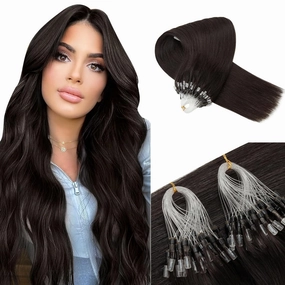 Benehair Micro Loop Ring Human Hair Extensions Remy Hairpiece Hair Extensions Natural Black #1B Silky Straight 100 Strands 50g 16 Inch