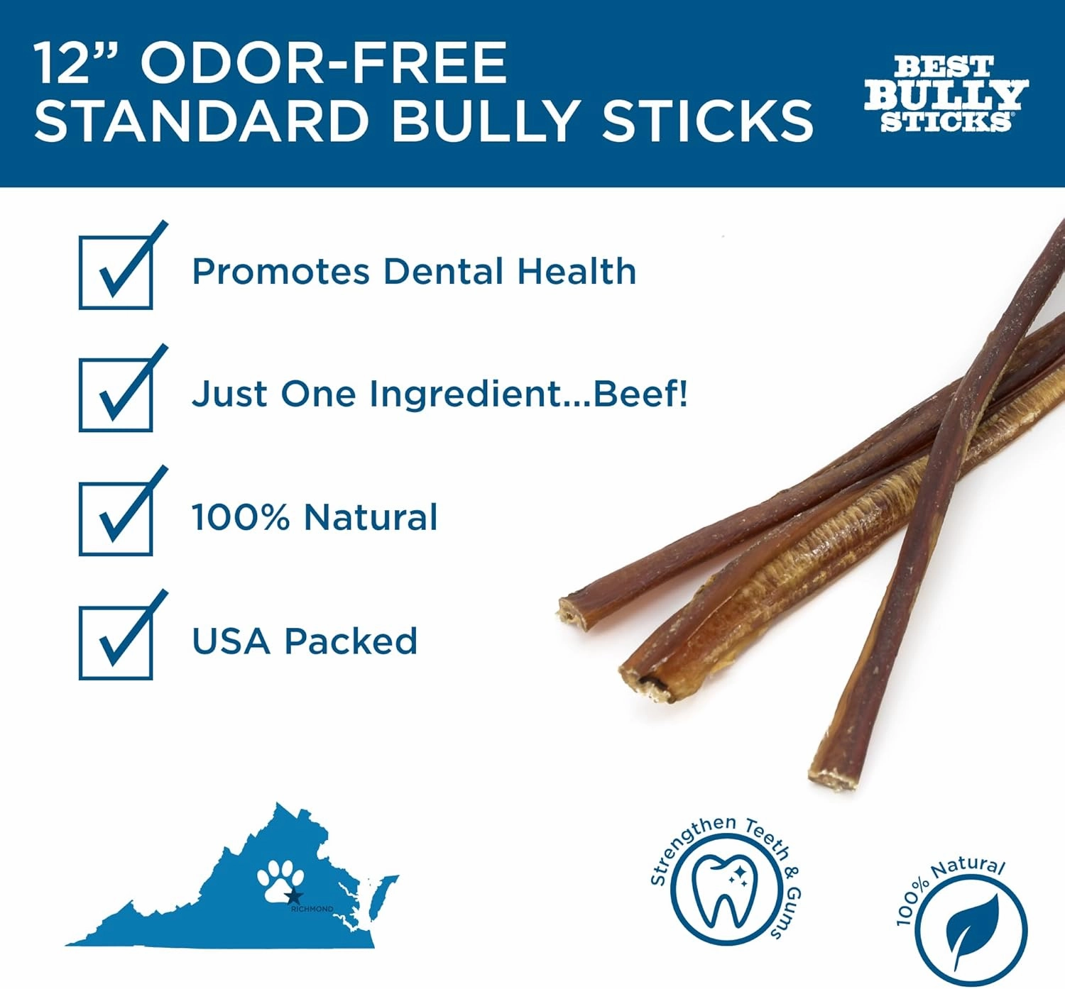 Best Bully Sticks 12 Inch Odor-Free Bully Sticks for Dogs - 12 Count (Pack of 1) - Natural Grass-Fed Beef, Easily Digestible, No Grain or Rawhide - Large Breeds