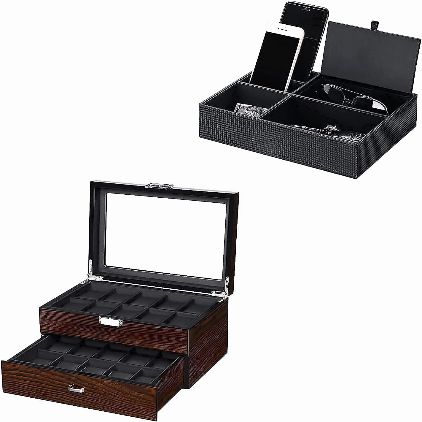 BEWISHOME Watch Box 20 Slots for Men - Luxury Watch Case With Glass Top & Mens Valet Tray Dresser Nightstand Organizer, Bundle