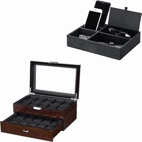 BEWISHOME Watch Box 20 Slots for Men - Luxury Watch Case With Glass Top & Mens Valet Tray Dresser Nightstand Organizer, Bundle