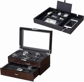 BEWISHOME Watch Box 20 Slots Watch Case for Men & Valet Tray for Men Dresser Organizer Nightstand Organizer Bundle