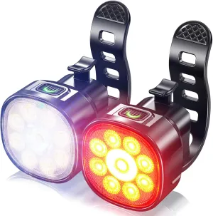 Bike Lights, IP65 Waterproof Bike Front and Tail Lights, USB Rechargeable, 8 Modes for Front Lights with Two Types for Spotlights and Floodlights, 7 Modes for Tail Lights, Suitable for Night Riding
