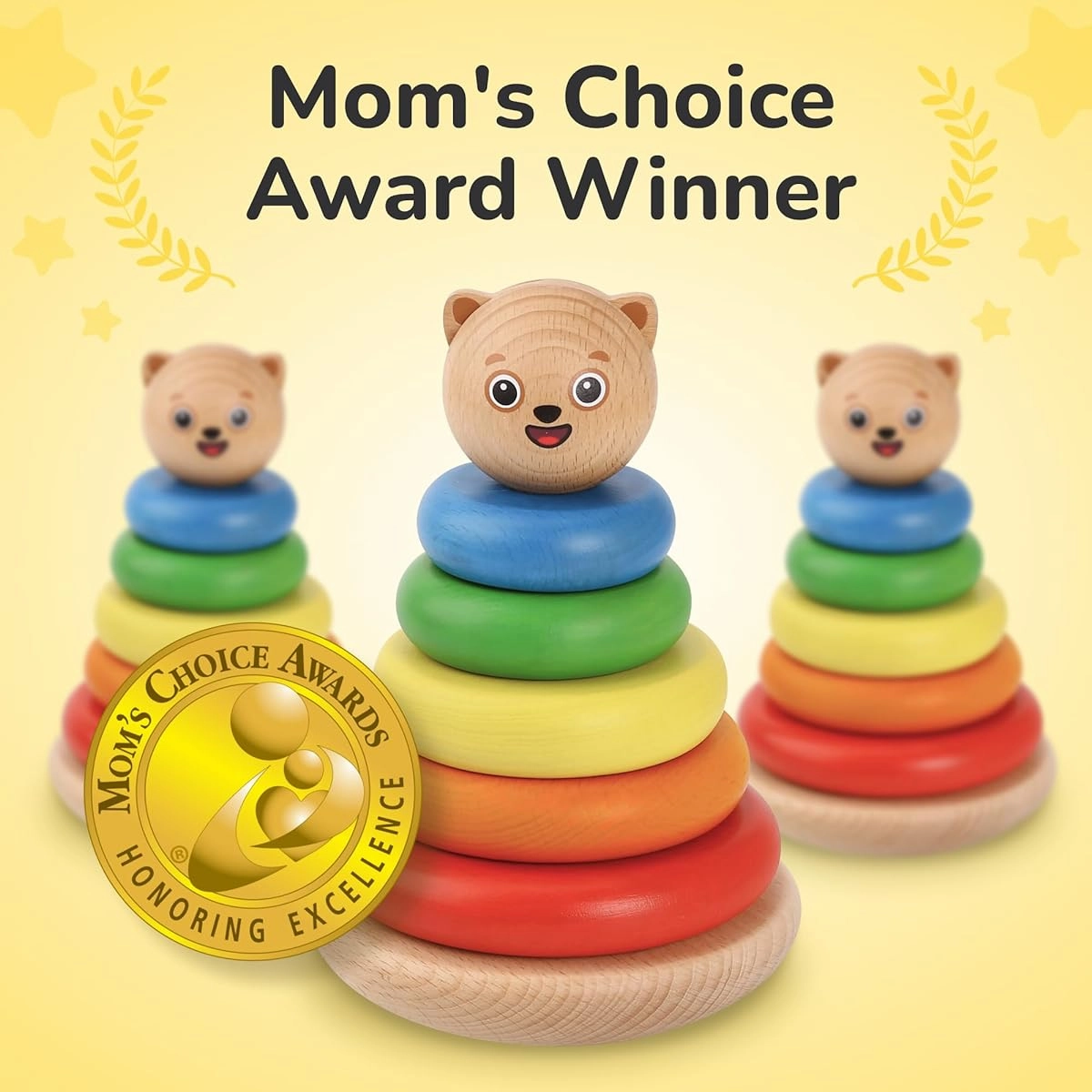Bimi Boo Wooden Rainbow Stacking Rings for Toddlers - Ring Stacker Baby Toy with Roly-Poly Base - Montessori Early Counting Toy Size Recognition Learning Activity - Ideal Baby Gift (5 Rings)