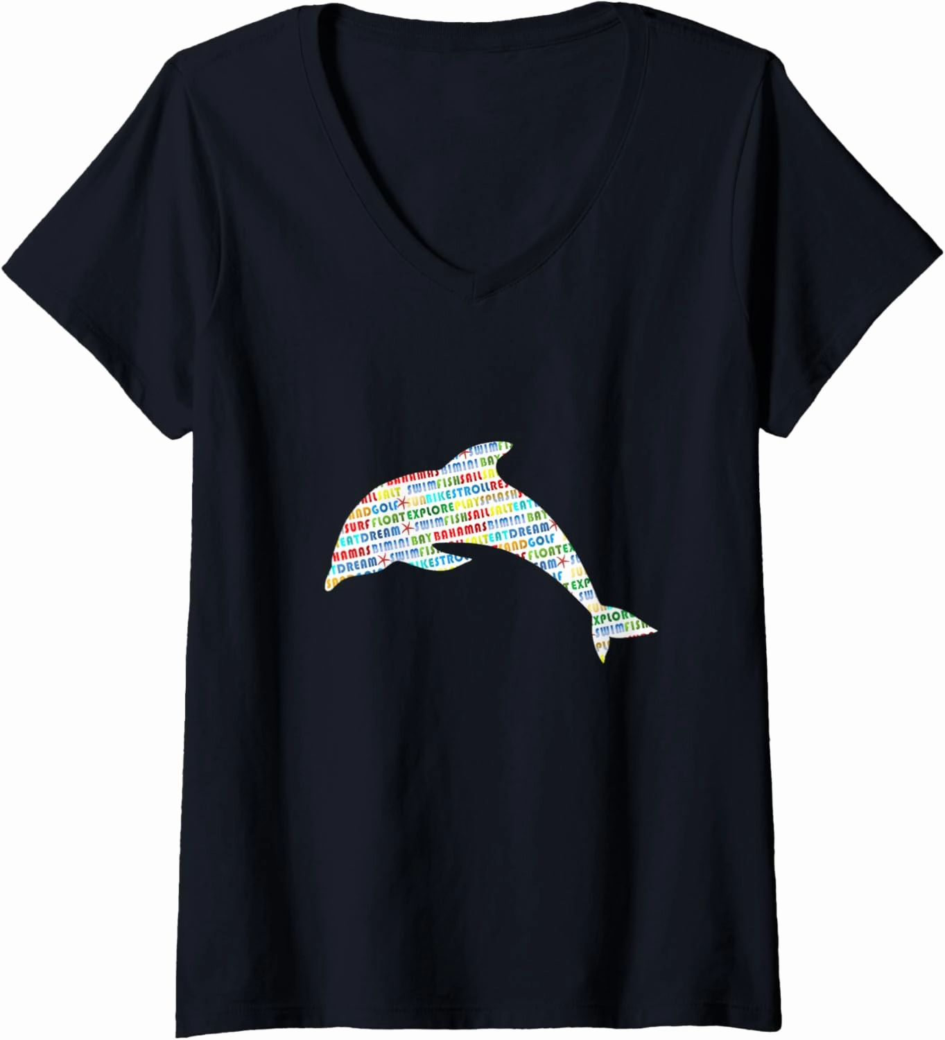 Bimini Bay Dolphin Word Cloud V-Neck T-Shirt